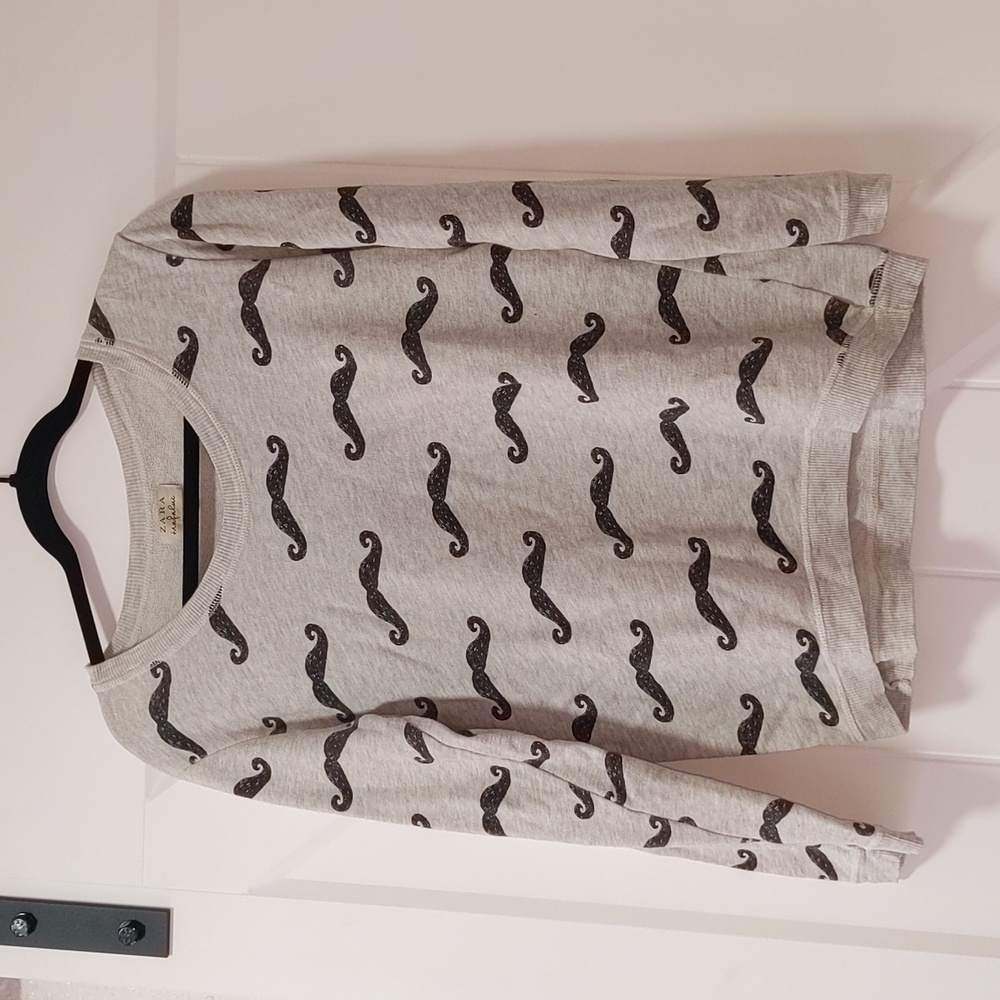 Zara Grey Crewneck Sweatshirt Moustache Pattern Women's Medium